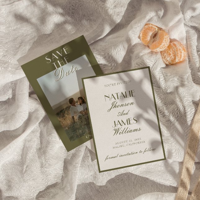 Save The Date Classy Olive Green Old Money Classic Photo Wedding (Créateur téléchargé)
