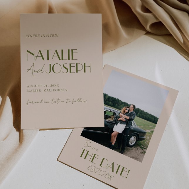 Save The Date Classy Olive Green Old Money Retro Photo Wedding (Créateur téléchargé)
