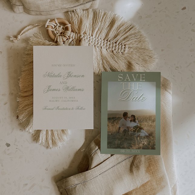 Save The Date Classy Sage Green Boho Old Money Photo Wedding (Créateur téléchargé)
