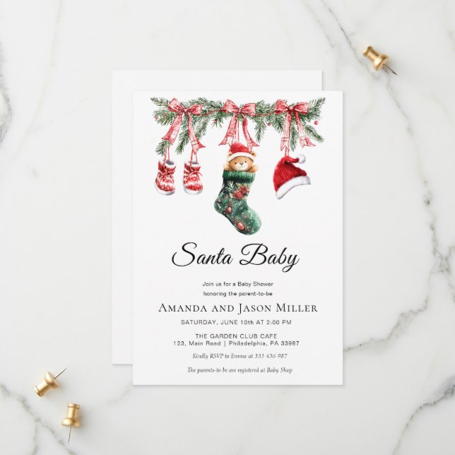 Save The Date Clothesline Santa Baby Winter Shower (Devant/Arrière en situation)