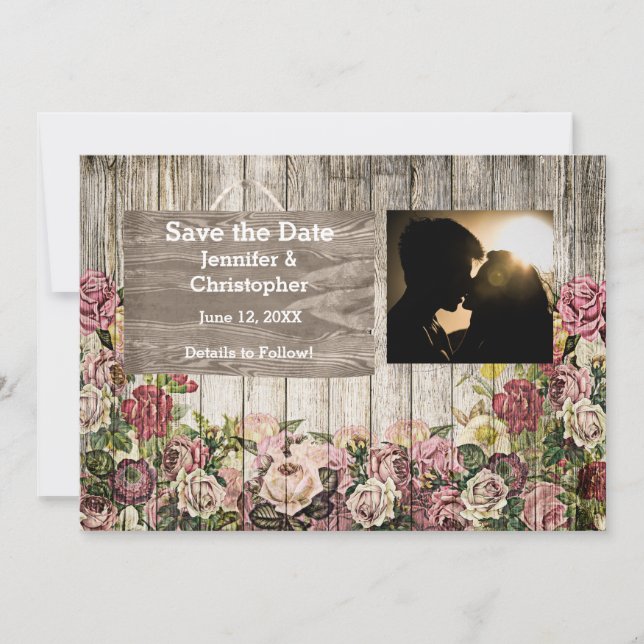 Save The Date Clôture en bois avec Rose peint Couple Photo (Devant)