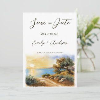 Save The Date Coast Watercolor Sunset Mediterranean Half Wedding