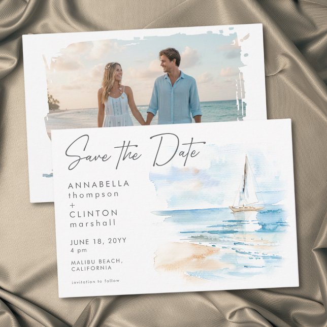 Save The Date Coastal Beach Modern Watercolor Wedding Photo (Coastal Beach Modern Watercolor Wedding Photo Save The Date)