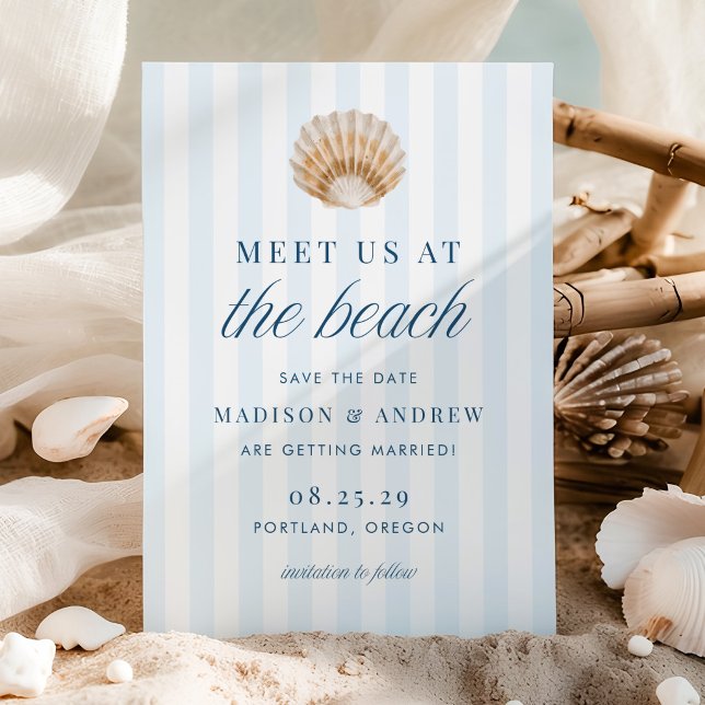 Save The Date Coastal Blue Stripes Shell Beach Wedding (Créateur téléchargé)