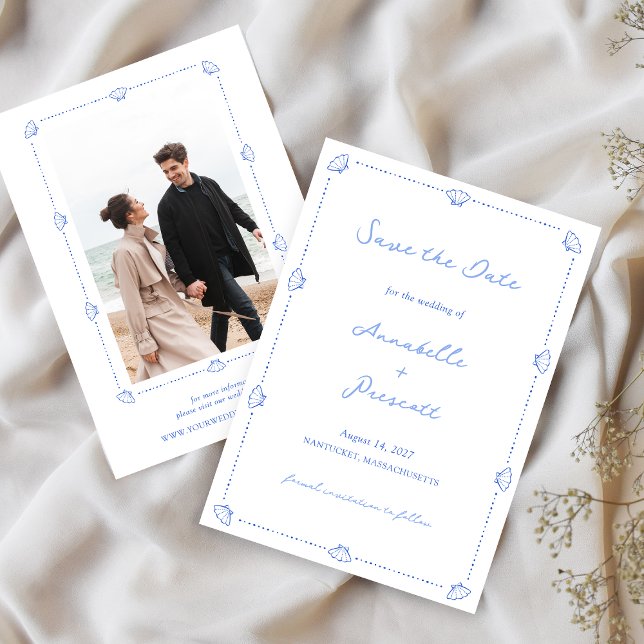 Save The Date Coastal Chic Blue Shell Ocean Beach Mariage photo (Créateur téléchargé)
