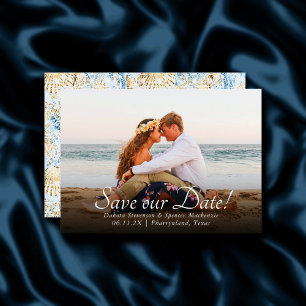 Save The Date Coastal Chic Photo Blue and Gold Coral Reef
