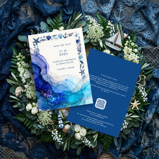 Save The Date Coastal Marine Life Blue Shades Gold Glitter TLW26