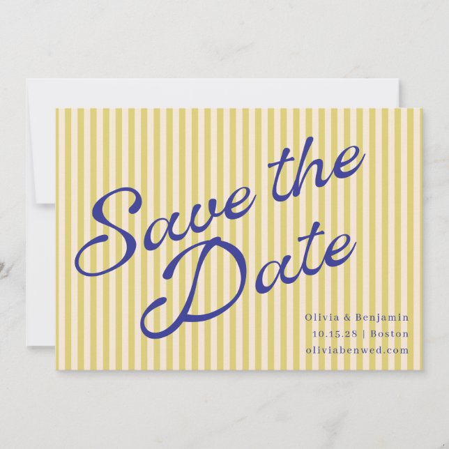 Save The Date Coastal Yellow Blue Retro Stripe Wedding Script (Devant)