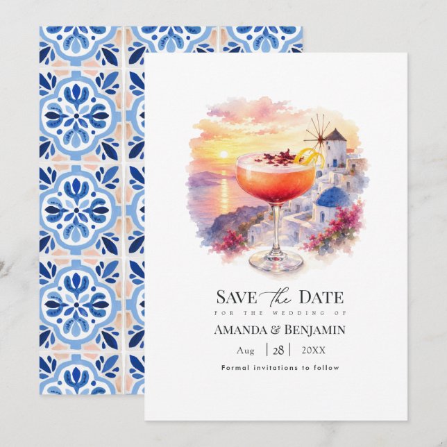 Save The Date Cocktail Coucher de soleil Santorin Mariage Grèce (Devant / Derrière)