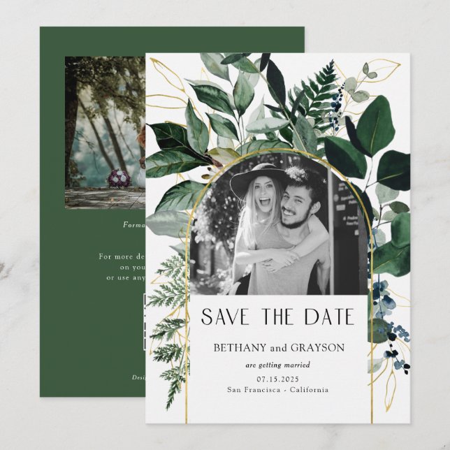 Save The Date Code QR aquarelle feuillage botanique photo Mariag (Devant / Derrière)