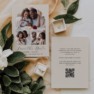 Save The Date Code QR Arch Collage Minimal 3 Photos Beige