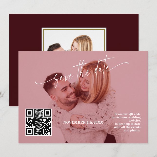 Save The Date Code QR Calligraphie Bourgogne Profond Photo Maria (Devant / Derrière)