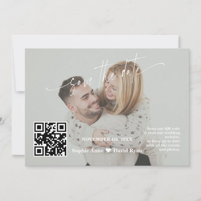 Save The Date Code QR calligraphié vert sauge Photo de mariage  (Devant)
