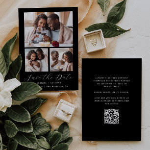 Save The Date Code QR Collage de 3 Photos Minimaliste Noir et Bl