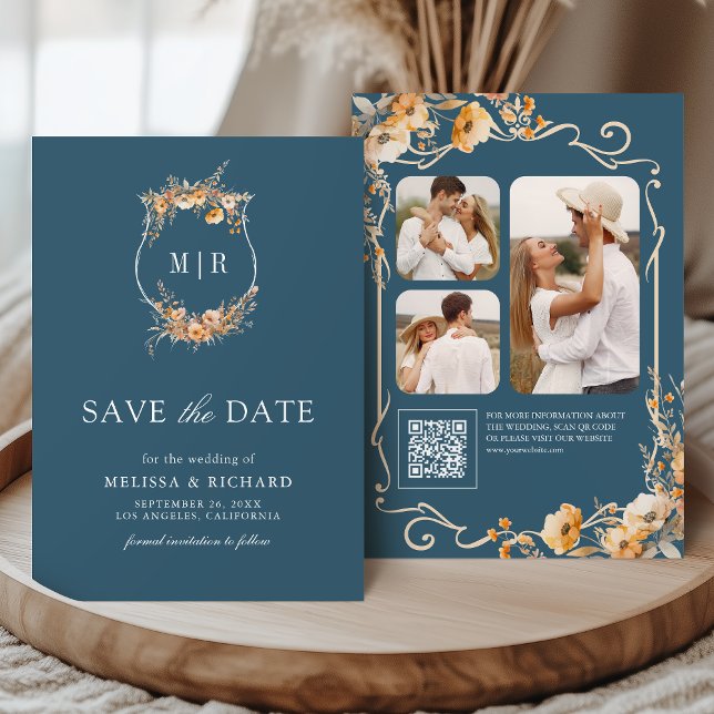 Save The Date Code QR Crête de Fleurs Sauvages d'Automne Bleu Po (Créateur téléchargé)