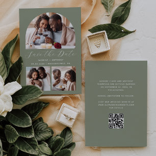 Save The Date Code QR d'arche minimaliste 3 photos Vert Sauge