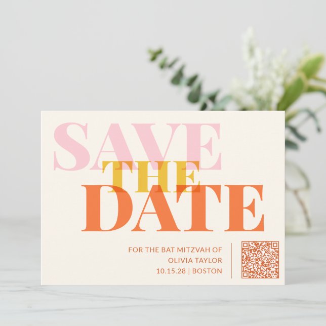 Save The Date Code QR de Bat Mitzvah rétro moderne rose et orang (Debout devant)