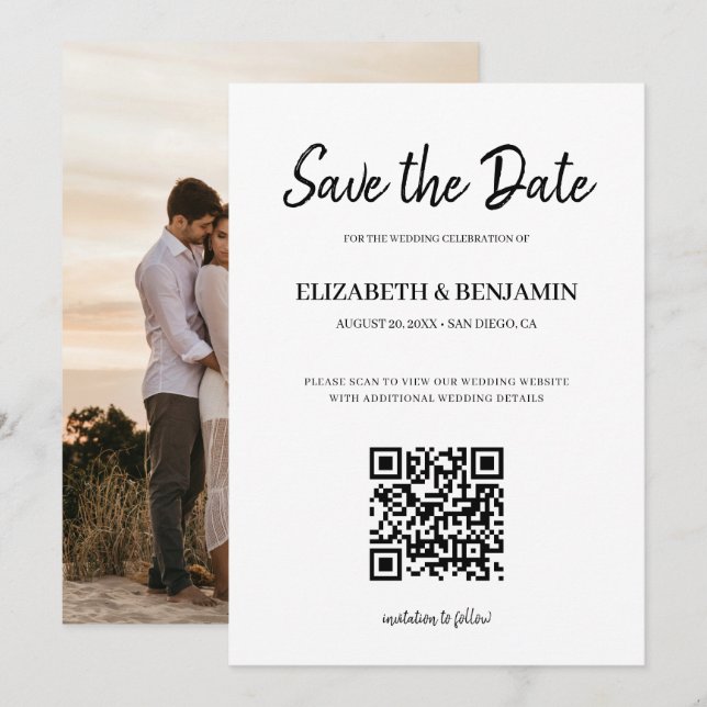 Save The Date Code QR de calligraphie élégante Photo Enregistrer (Devant / Derrière)