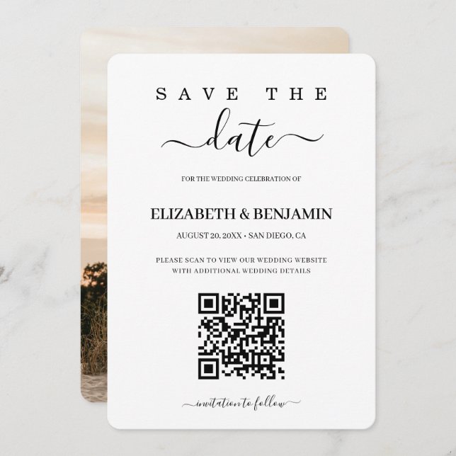 Save The Date Code QR de calligraphie moderne Photo Enregistrer  (Devant / Derrière)
