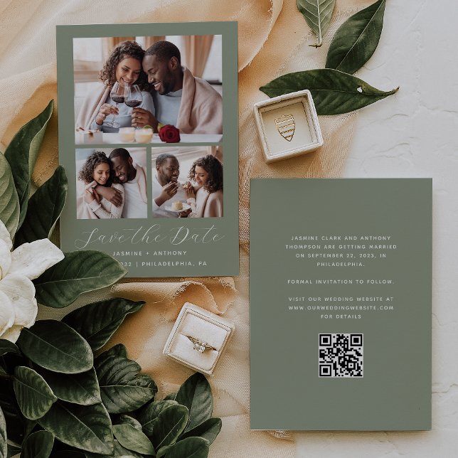 Save The Date Code QR de collage photo minimal 3 Sage Green (Créateur téléchargé)