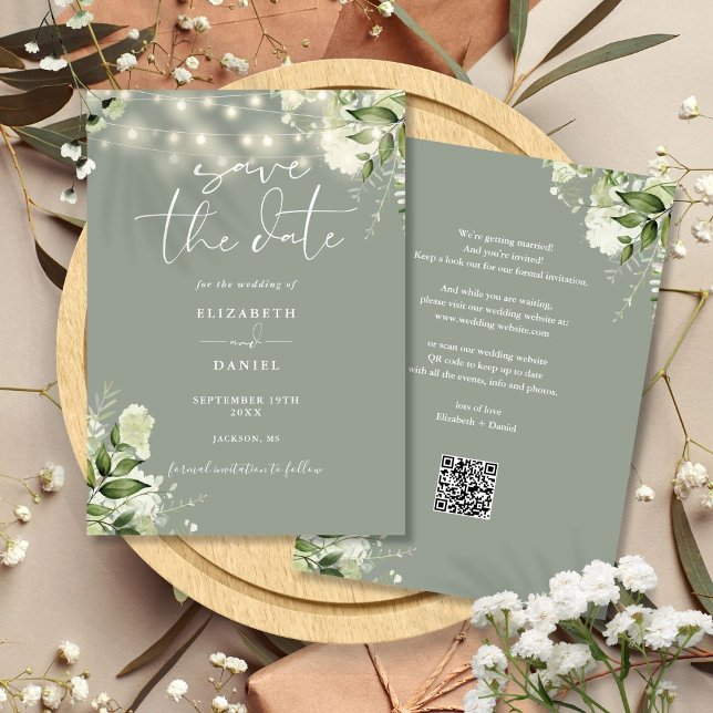 Save The Date Code QR de guirlandes lumineuses florales vert sau (Sage Green Floral String Lights QR Code Wedding Save The Date)