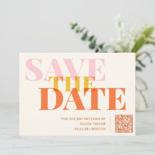Save The Date Code QR de la Bat Mitzvah rétro moderne rose et or