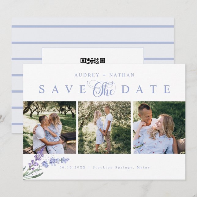 Save The Date Code QR de la fleur de lavande élégante 3 Photo (Devant / Derrière)