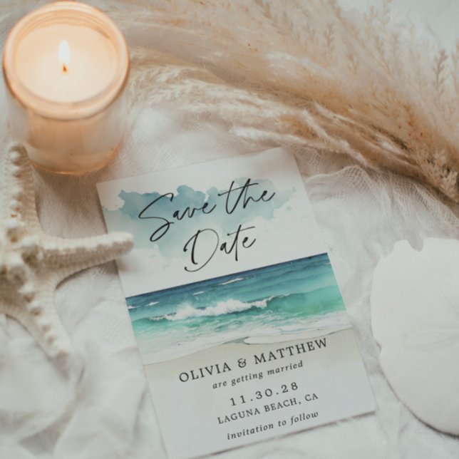 Save The Date Code QR de la plage océanique écriture aquarelle m (Créateur téléchargé)