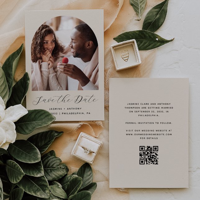 Save The Date Code QR de l'arche de photo minimale Beige (Créateur téléchargé)