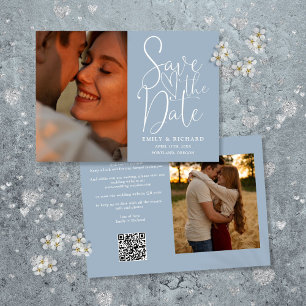 Save The Date Code QR de mariage 2 Dusty Blue Écriture élégante