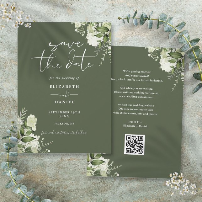 Save The Date Code QR de mariage à la verdure florale verte oliv (Olive Green Floral Greenery QR Code Wedding Save The Date)