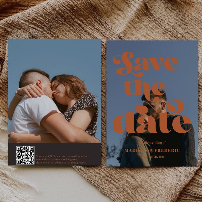 Save The Date Code QR de mariage à l'écriture rétro  (Créateur téléchargé)