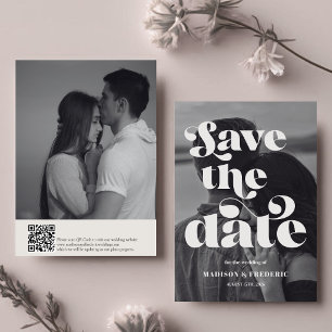 Save The Date Code QR de mariage à l'écriture rétro Noir et Blan