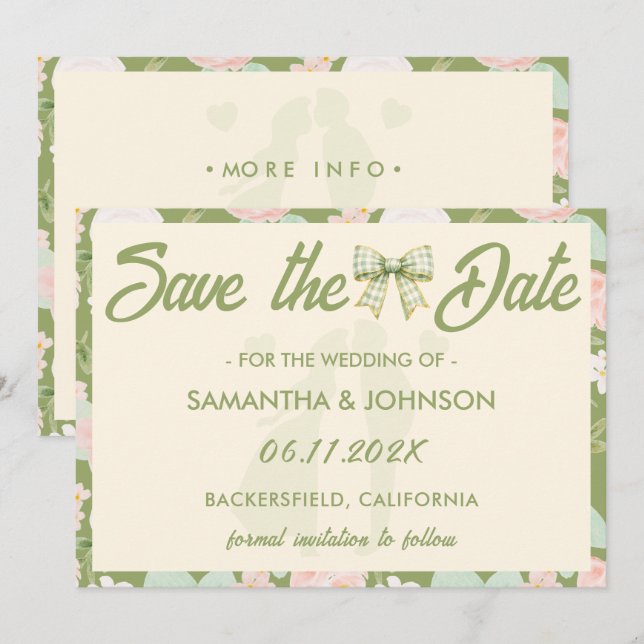 Save The Date Code QR de mariage à nœud gingham vert Wildflower (Devant / Derrière)