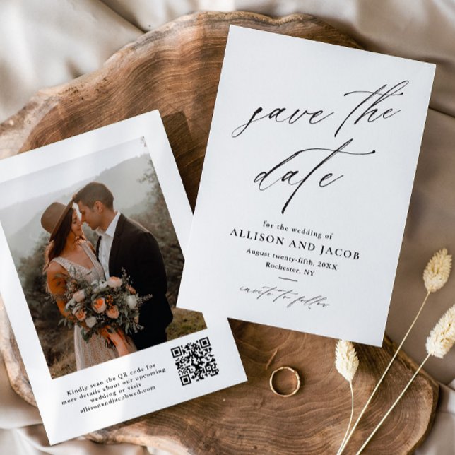 Save The Date Code QR de mariage avec photo et écriture élégante (Elegant handwritten script photo save the date with QR code.)