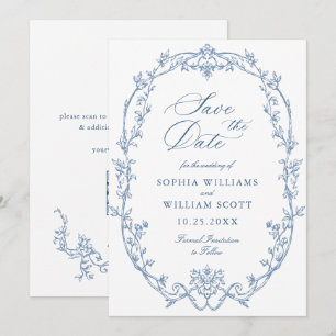 Save The Date Code QR de mariage bleu poussiéreux floral orné vi