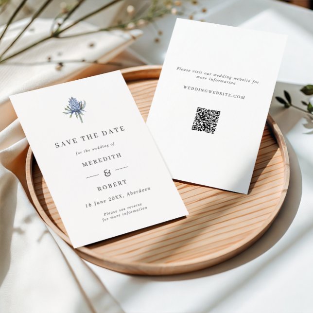 Save The Date Code QR de mariage chardon aquarelle bleue minimal (Créateur téléchargé)