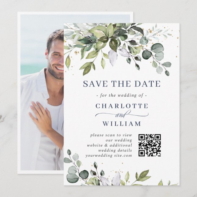 Save The Date Code QR de mariage élégant à l'aquarelle eucalyptu (Devant / Derrière)