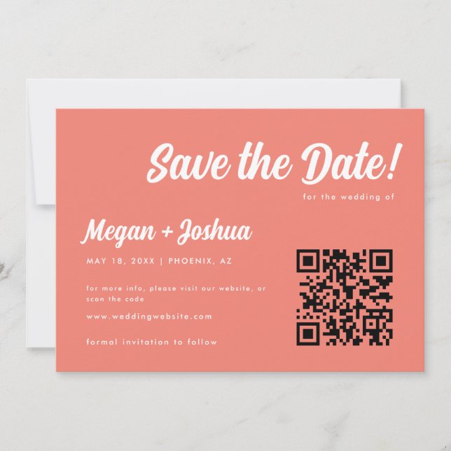 Save The Date Code QR de mariage élégant écriture rose corail (Devant)
