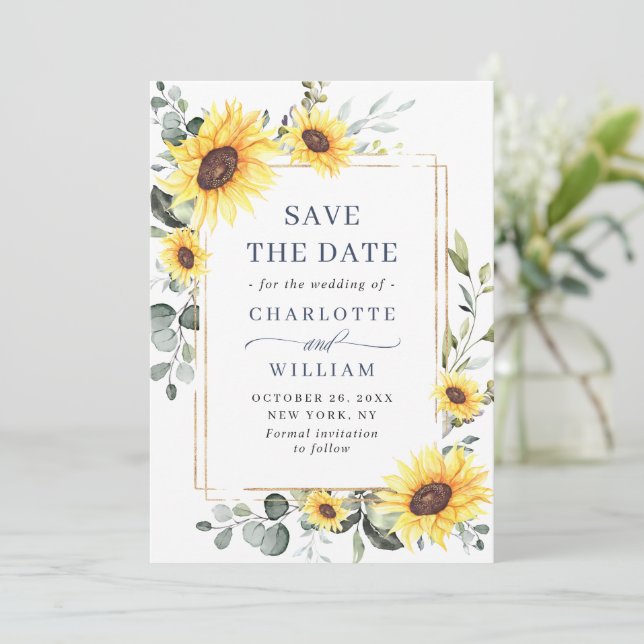 Save The Date Code QR de mariage élégant tournesols eucalyptus (Debout devant)