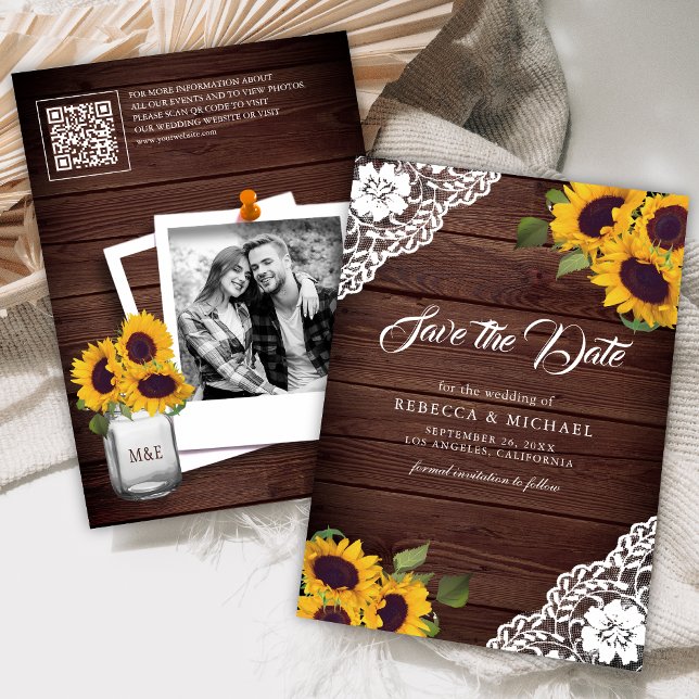 Save The Date Code QR de mariage en bois de tournesol photo (Créateur téléchargé)