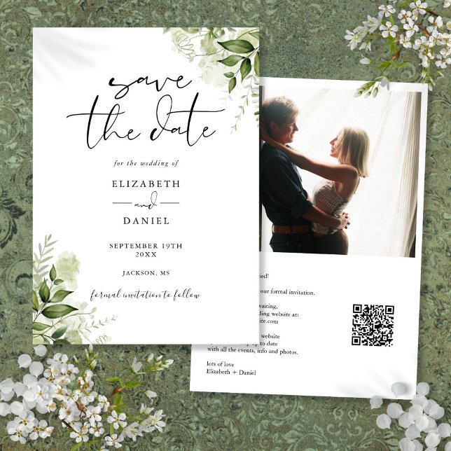 Save The Date Code QR de mariage floral à verdure rustique (Rustic Greenery Floral Photo QR Code Wedding Save The Date)