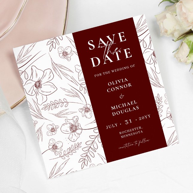 Save The Date Code QR de mariage floral Bourgogne, Enregistrez l (Créateur téléchargé)