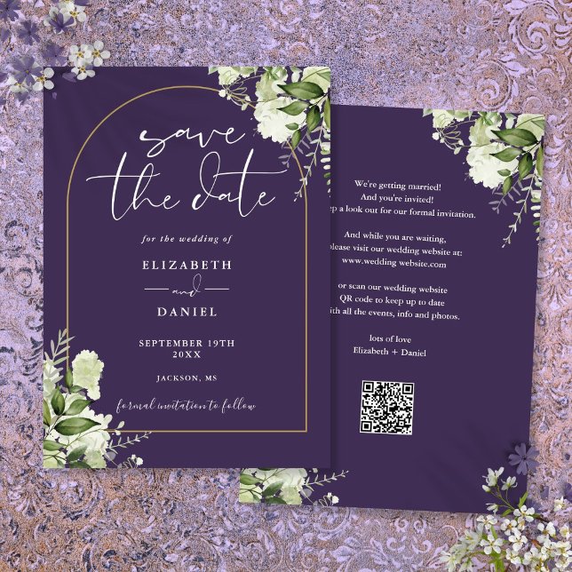 Save The Date Code QR de mariage floral Gold Greenery Violet (Purple Greenery Floral Gold Arch QR Code Wedding Save The Date)