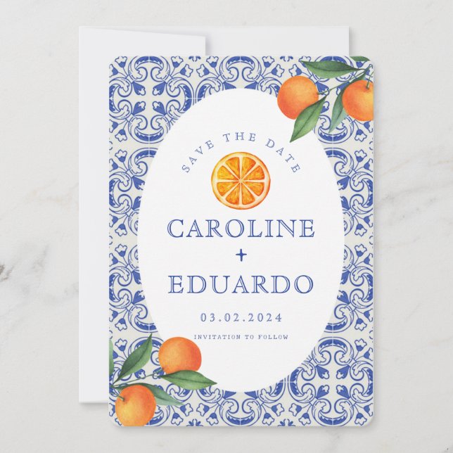 Save The Date Code QR de mariage méditerranéen en carrelage bleu (Devant)