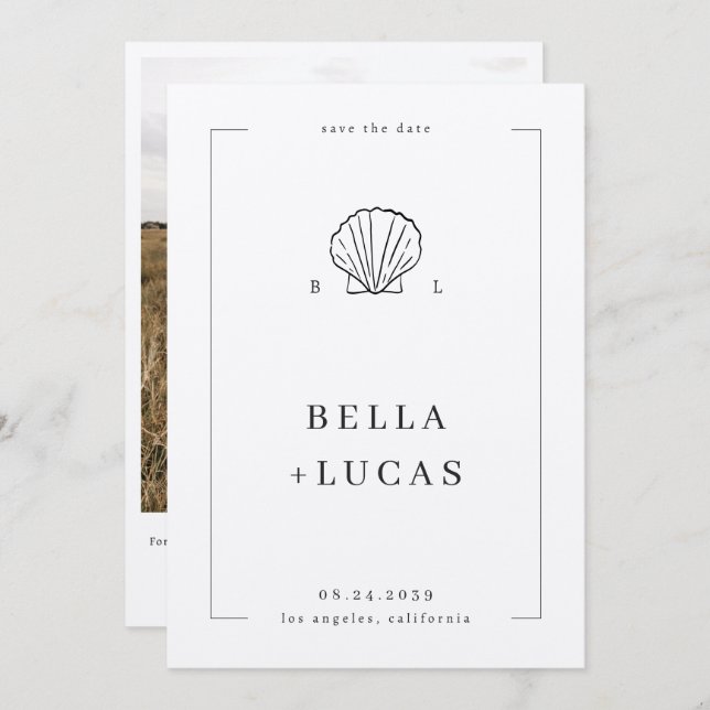 Save The Date Code QR de mariage monogramme de coquillage côtier (Devant / Derrière)