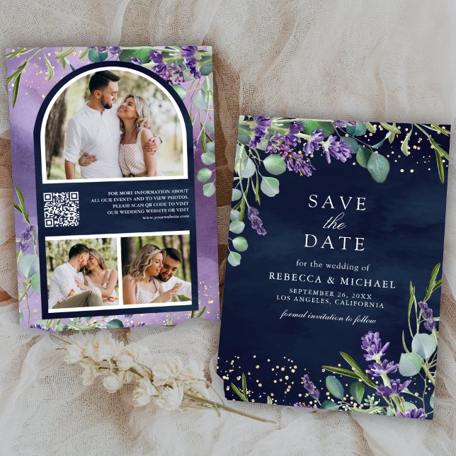 Save The Date Code QR de mariage Navy Lavande Eucalyptus Photo (Créateur téléchargé)