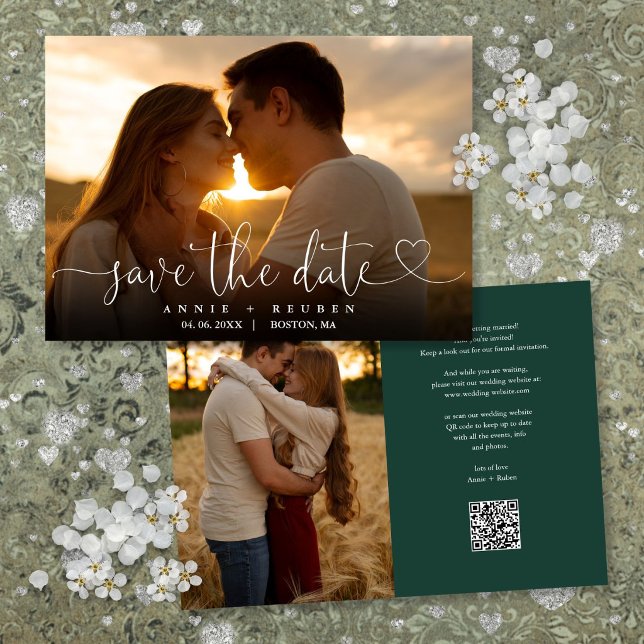 Save The Date Code QR de mariage photo de cœur vert émeraude (Emerald Green Heart Script Photo Wedding QR Code Save The Date)