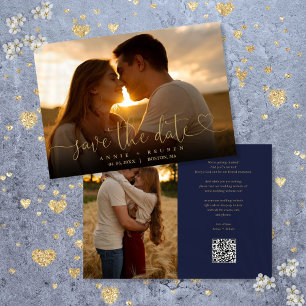 Save The Date Code QR de mariage photo et cœur en or et marine a