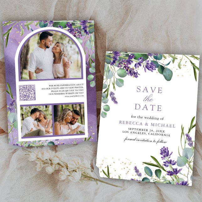 Save The Date Code QR de mariage photo Eucalyptus Lavande (Créateur téléchargé)